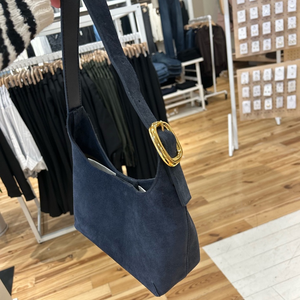 Madewell Blue Suede Shoulder Bag with Gold Buckle
